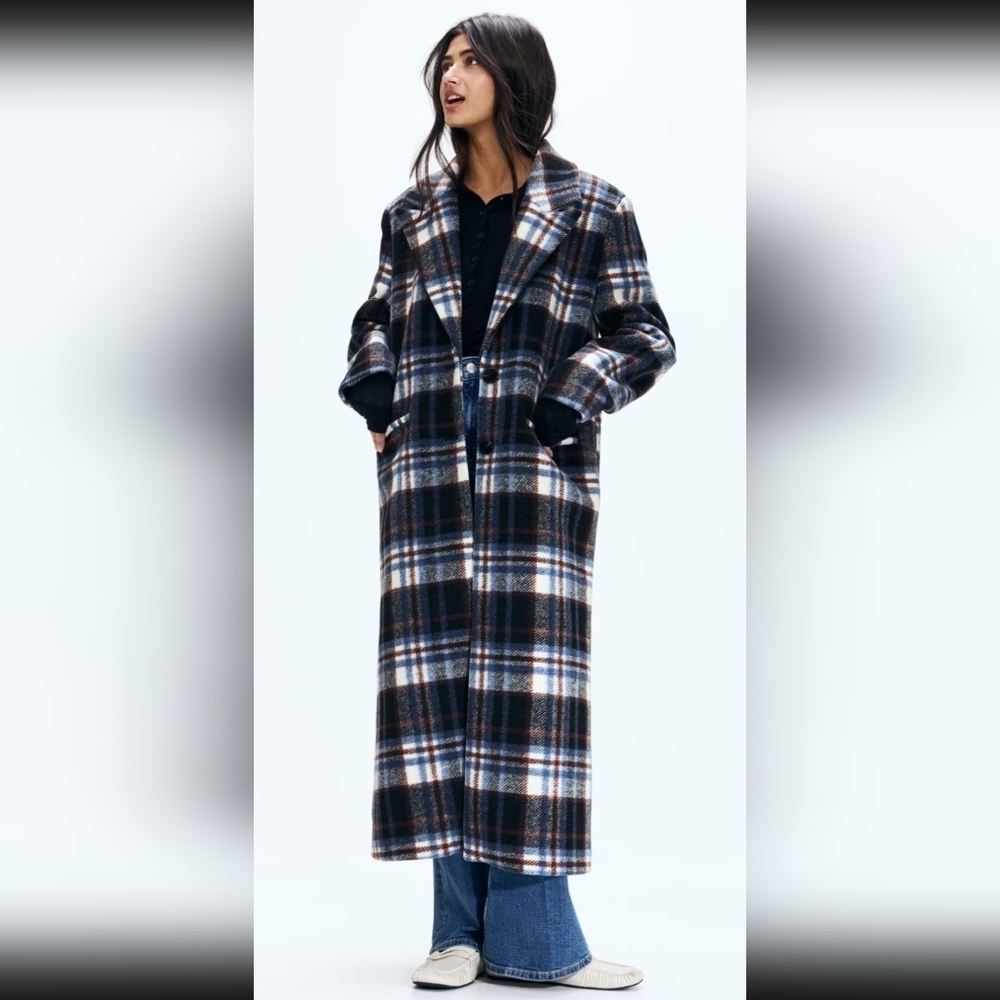 Plaid Longline Wool-Blend Coat in Navy and Brown